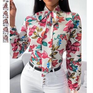 SHEIN White Blouse with Tie Front and Long Sleeves